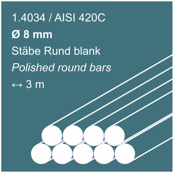 Edelstahlstäbe aus 1.4034 (420C), 8 mm Durchmesser, 3000 mm lang, auf hellgrünem Hintergrund abgebildet